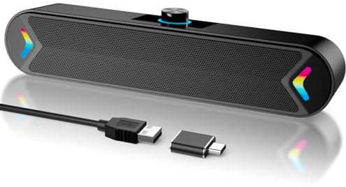 LENRUE Computer Speakers for Desktop,PC Speakers with Basic Stereo Sound & Colorful Lights, Single USB for Both Power and Audio,Desktop Laptop Sound Bar Speakers for Gaming,Movies,Music (USB-Black)