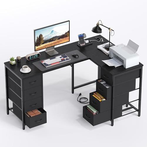 YOUDENOVA Eckschreibtisch,150×100 cm Schreibtisch mit schubladen,Schreibtisch L Form mit Steckdose und USB-Ladeanschluss,Schreibtisch mit stauraum Schwarz
