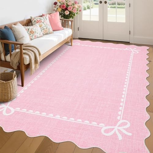 CAROMIO Waschbarer Teppich Wohnzimmer mit Wellenrand 160x230 cm Rosa | ca. 6mm Ultradünn, Moderner Uni-Teppich für Schlafzimmer Kinderzimmer, Kurzflor, rutschfest, pflegeleicht, faltbar