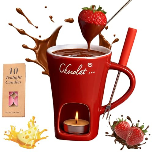 Yagerod Multifunktionelle Keramik-Fonduetasse, 130ml Schokofondue Teelicht mit Gabel Kerze, Müheloses Fondue in Minuten, Narrensichere Temperaturkontrolle, für Käse, Schokolade, Butter(Red)