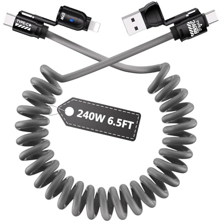 Homailida 2M 240W 4-in-1 USB-C Fast Charging Cable, CarPlay Android Auto | Coiled Multi-Charger Lead with L & Type-C, Data Transfer, Compatible with iPhone 17/16/15/14, iPad Pro/Air, Grey