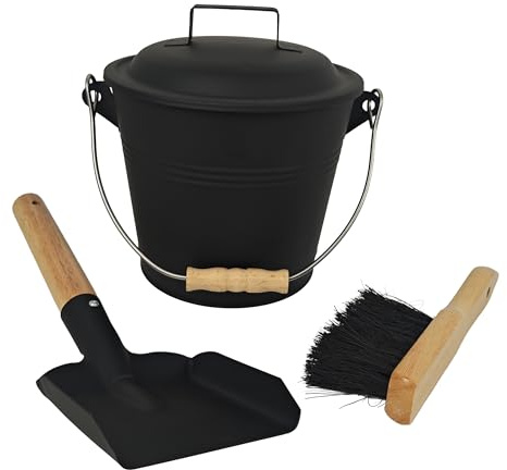 Relaxdays Ascheeimer mit Deckel, Größenwahl, inkl. Aschebesen & Kaminschaufel, Aschebehälter mit Henkel, schwarz/Natur