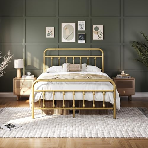 Yaheetech 4ft6 Double Vintage Iron Metal Bed Frame Platform Antique Gold | High Headboard & Footboard, Underbed Storage, Sturdy Frame, Easy Assembly, Suitable for Bedroom Dorm Guest Room