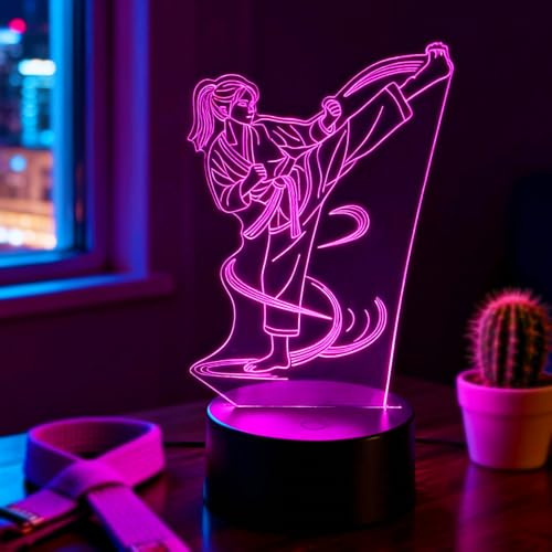 Lampada Notturna Illusione 3D Karate Taekwondo, 7 Colori LED con Controllo Touch, Lampada da Comodino per Decorazione Casa Camera Bambini, Regalo Creativo Compleanno per Ragazzi Ragazze