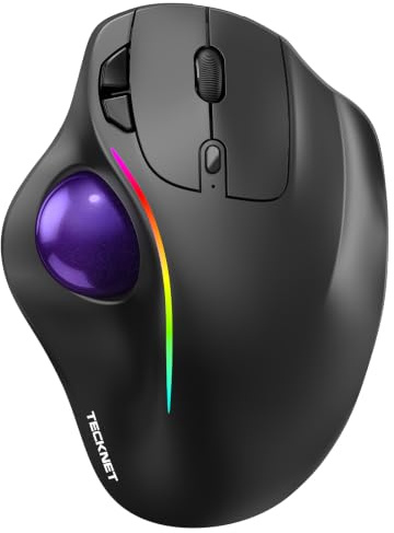 TECKNET Kabellose Trackball-Maus mit Bluetooth und verschlüsseltem Dongle | Ergonomische Maus mit 6 Tasten,3 Geräte Verbindung, RGB-Beleuchtung, für PC/Mac, Lila