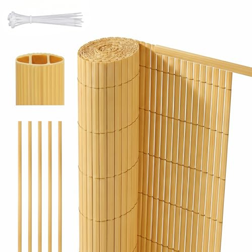 Sekey PVC Sichtschutzmatte mit Abdeckprofil & Kabelbindern - 90x500cm Doppelte Verstärkung Innen, Balkon Sichtschutz Sichtschutzzaun Windschutz Wasserdicht ohne Bohren für Balkon Garten, Bambus