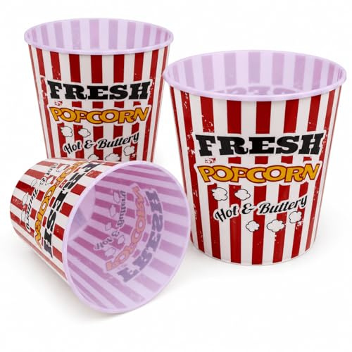 MIJOMA Popcorneimer 3er Set aus Kunststoff | Vintage Snackbecher im Kino Look für Popcorn, Chips und gemütliche Filmabende