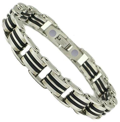 Black Stripe Magnet Gliederarmband Energetix 4you 2140 Magnetarmband schwarz silber Edelstahl Kautschuk XL/XXL (ca. 22 cm)