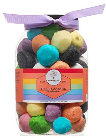 Mallow Tree Assorted Fruit Flavoured (Strawberry, Apple, Banana, Peach, Mixed Forest Berries and Vanilla) Multicoloured Marshmallow Balls in a Gift Jar, 600 g