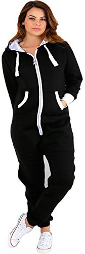 Womens Plain Zipper Onesie Ladies Onepiece All in One Hooded Zip Up Overall Jumpsuit Playsuit, M, Black