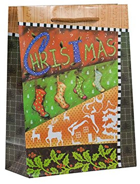 1x Geschenktasche Nikolaus & Weihnachten | Format 18 x 24 + 8 cm | 2 Kordelgriffe | Tragetaschen | Tüten | Kosmetiktaschen | Papiertragetaschen | Weihnachtstragetaschen | Verpackung
