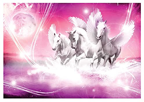 Forwall Fototapete Einhorn 3D Pegasus Pferde Fantasy rosa Abstrakt Moderne Wohnzimmer Kinderzimmer Vlies Tapete Wandtapete UV-Beständig Hohe Auflösung Montagefertig (589, VEXXXL (416x254 cm) 4 Bahnen)