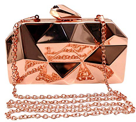 Reberomantic Women Lattice Pattern Metal Handbag Chain Geometric Evening Clutch Purse, Rose Gold, One Size