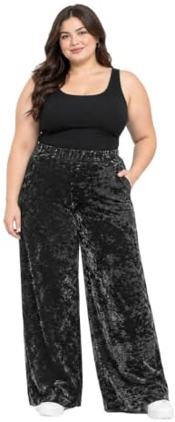 Velour sammet ficka Palazzo damer full längd elastisk midja bred ben ficka sammet palazzo botten julkläder vinter varm kläder fin fest julbyxor plusstorlek, Grå, 42/44 SE