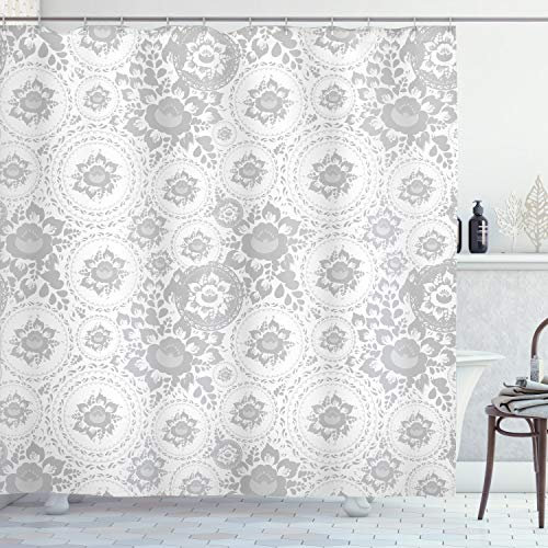 ABAKUHAUS Gris Rideau de Douche, des pétales de Rose Floret, Tissu Ensemble de Décor de Salle de Bain avec Crochets, 175 cm x 240 cm, Blanc