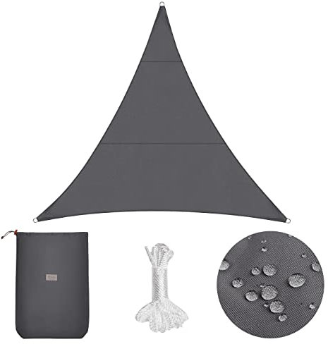 Sekey Sonnensegel Wasserdicht 5x5x5m Dreieckig PES Polyester, Sonnenschutz 95% UV Schutz Windschutz Reißfest Wetterfest, für Balkon Garten, mit Ösen und Befestigungsseile, Anthrazit