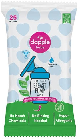 Dapple Baby Breast Pump Wipes, 25 Count, Fragrance Free, Plant Based & Hypoallergenic, Removes Milk Residue, Taste-Free, Convenient Wipes Pouch