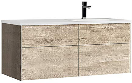 StoneArt Badmöbel Set mit Mineralguss Waschbecken und Unterschrank Waschtisch als Einzel- oder Doppelwaschbecken mit Unterschrank ohne Armaturen Venice VE-1210-II Eiche hell 120cm rechts