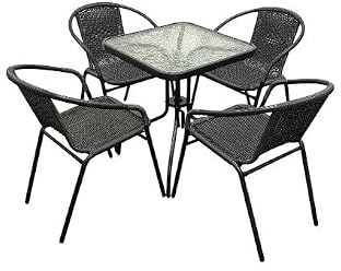 Black Rattan Garden Furniture Set - 4 x Black Rattan Chairs & 1 Square Glass Table, Garden Table & Chair Sets