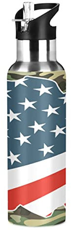 Vnurnrn Drapeau Américain Usa Camouflage Bouteille d'eau Isotherme avec Paille en Acier Inoxydable Gourde 600ML, Sans Bpa Gourdes Eau pour Enfant Sport Randonnée École Bureau