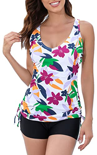 Halcurt Tankini Damen Set mit BH Zweiteilig Badeanzug V-Ausschnitt Badeanzüge Tankini Oberteil mit Badeshorts M