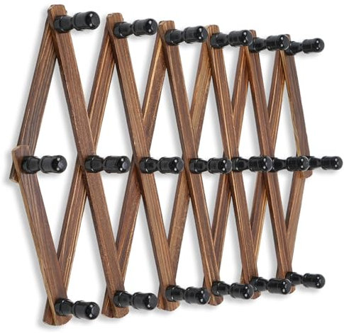 WGFKVAS Erweiterbare Garderobenleiste, Akkordeon-Wandaufhänger, 19 Haken, Holz, Huthaken für Schlüssel, Kaffeetasse, Mäntel