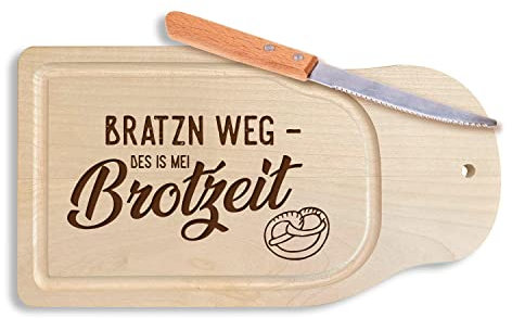 Bavariashop - Brotzeitbrett Bratzn weg - des is mei Brotzeit! Schneidebrett aus Ahorn-Holz, Frühstücksbrett mit Messer