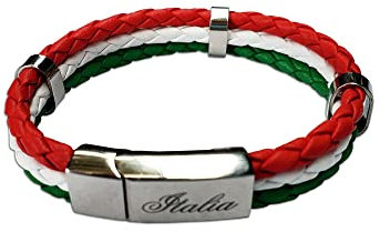 Tricolor Leather Bracelet with Stainless Steel Italia Clasp - Great Italian Themed Jewelry Gift, 8 Inches, Leather, Agate