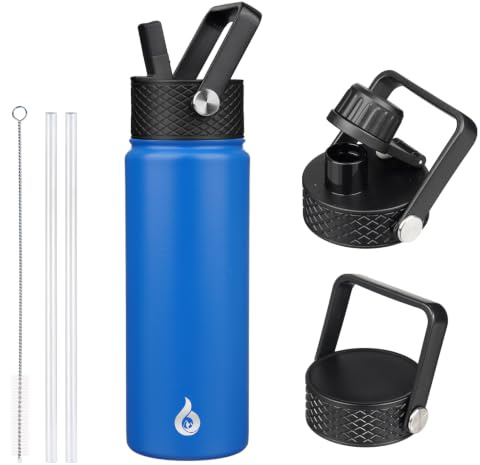 BJPKPK Insulated Water Bottles with Straw Lid, 22oz Cold & Hot Thermos, Stainless Steel Metal Water Bottle with 3 Lids, Reusable Thermos, Cups, Mugs for Daily Use-Sapphire | 3 Lids Included, Keep Cold & Hot, BPA-Free Leakproof Vacuum Bottle, Metal Water Bottle for office, Gym, Travel & Outdoor