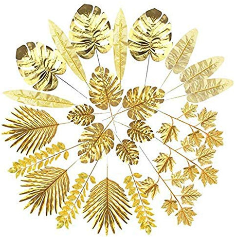 Bopfimer 24Pcs Artificial Leaves Gold Palm Leaves Tropical Plants Palm Leaves for Wedding Home