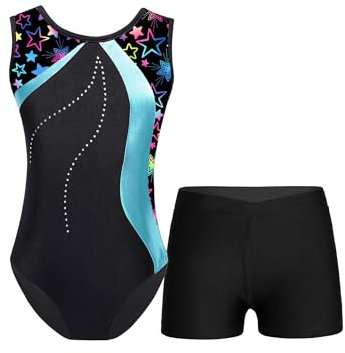 Freebily Mädchen Turnanzug Glitzer Ärmellos Turntrikot Gymnastik Body Shorts Set Kinder Ballett Tanzkleidung Wettkampf Traininganzug A_Cyan 158-164/13-14 Jahre