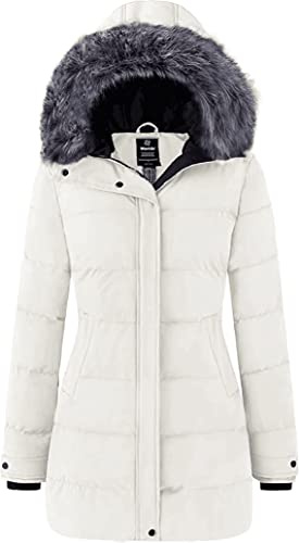 Wantdo Manteau d'Hiver Femme Chaud Grandes Tailles Veste Rembourrée avec Capuche Imperméable Coupe-Vent Longue Parka pour l'Extérieur Beige S