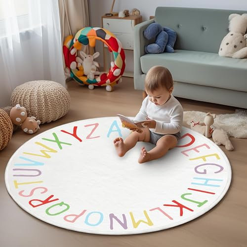 Offizon Runder, weicher und Flauschiger Teppich, 100 x 100 cm, Alphabet, Glatte Innendekoration, pelzige Teppiche für Wohnzimmer, Kinderzimmer (Alphabet, 100 x 100 cm)