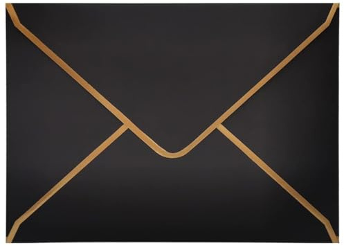 50 Pack Invitation Envelopes - A7 Size, Black, 5x7 Inch, Gold Border, Quick Seal V-Flap for Greeting Cards, Birthdays, Weddings, Graduations