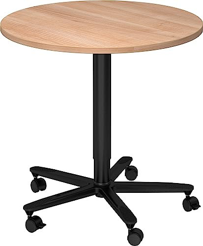 bümö Säulenhubtisch höhenverstellbar, Stehtisch Büro, Bistrotisch rund 80 x 80 cm - Besprechungstisch Nussbaum, Stehtisch Holz-Platte, Säule aus Metall in schwarz, Säulentisch, Hochtisch
