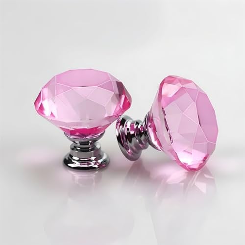Boxonly 2Pcs Pink Crystal Cabinet Door Knobs 40mm Cupboard Dresser Drawer Flat Diamond Pull Handles with M4x22mm Screws