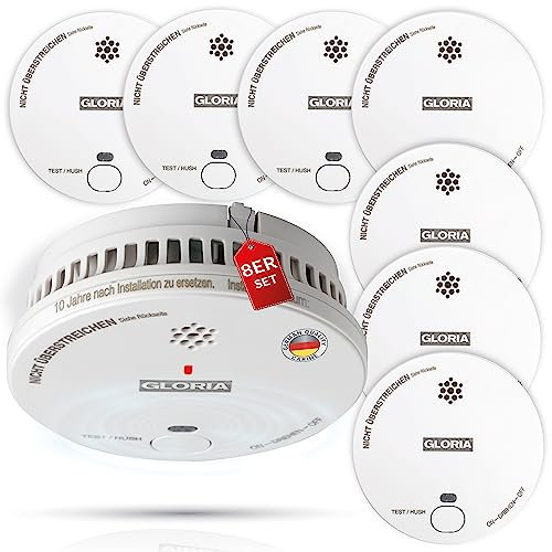 Gloria Rauchwarnmelder 8X R-1 mit 3 Jahren Garantie und wechselbarer 9V Block Batterie
