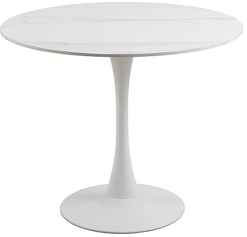 AC Design Furniture Marta - Mesa de Comedor Redonda para 4 Personas, Color Blanco, Placa de cerámica Resistente al Calor y a los arañazos, Base de Trompeta, diámetro de 90 x 75 cm