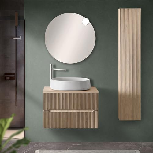 Mobile Bagno sospeso cannettato 70 cm Teak sabbiato con 2 cassetti Soft-Close, Top per lavabo d’appoggio e Specchio Tondo a Filo 70 cm, Bali