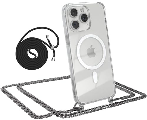 EAZY CASE - Handykette kompatibel mit iPhone 15 Pro Max Kette zum Umhängen Stoßfest Handyhülle für iPhone 15 Pro Max Silikon Hülle mit Band aus Metall Transparent als Fallschutz in Metall - Anthrazit