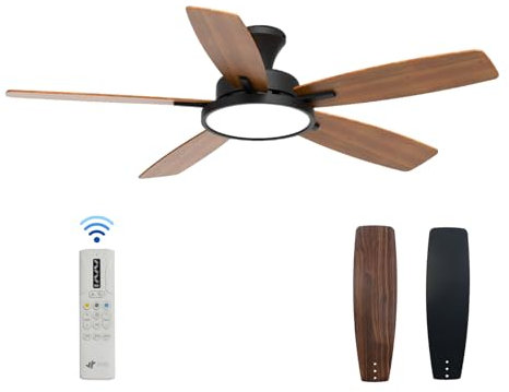 JR BRO 132cm Ventilador de Techo con luz LED, motor DC,tres tipos de color y luz regulable, acabado negro, control remoto para dormitorio, motor silencioso dc, 6 velocidades,sala de estar,oficina
