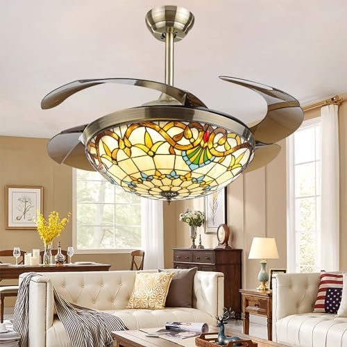 DJChen Ventilador de Techo con Luz Tiffany, 107 cm x 107 cm x 52 cm, Bronce, Sala de Estar, 6 Velocidades, Silencioso, Control Remoto, LED Regulable 3 Colores, 84W, 8400 Lumen