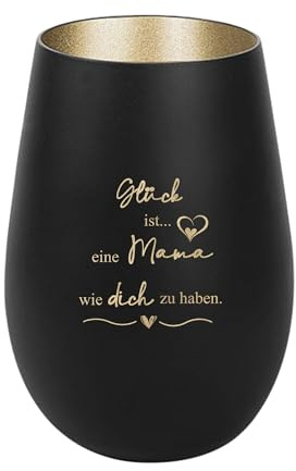 Der-Porzellan-Laden Windlicht mit Gravur, Schwarz Gold, Teelichthalter | Glück ist eine Mama wie Dich zu haben, aus Glas, mit Spruch, Tischdeko modern