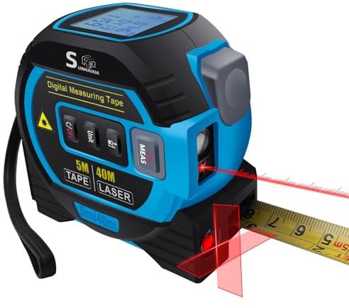 Fitdays 4-in-1 Laser Maßband mit Großem LCD-Display | Digitales Laser- Messgerät in/ft/m Skalen bis zu 40M mit Berechnungen | Maßband 5M | Kreuzlaser für Waagerechte/Senkerechte| (Blau-HS)