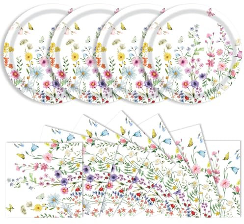 40 Pcs Wildflower Plates and Napkins Party Supplies, Floral Paper Plates Napkins Wildflower Baby Shower Decorations Tableware for Spring Summer Picnic Wedding Birthday Tea Party Serves 20