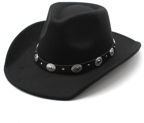 HIQIU Klassischer Retro Britischer Stil Schwarz Cowboyhut für Herren Damen Breite Krempe Cowgirl Westernhut mit Gürteldekor (DE/NL/SE/PL, Numerisch, 56, 58, c-Schwarz)