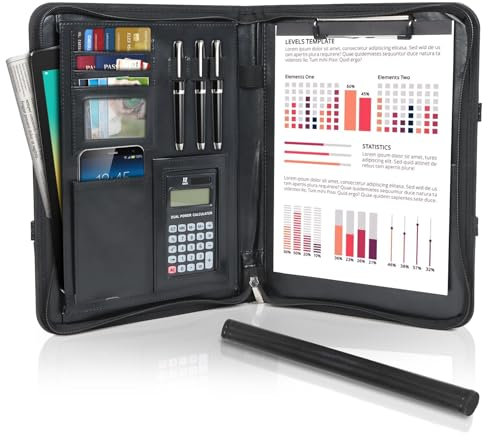 Cinnani Portfolio A4 en Cuir, Porte Document avec Papiers Écrit et Calculatrice Grands Compartiments, Porte Documents A4 Poignées Pliables, Porte Bloc-notes pour Record de Réunion/RDV Affaires-Noir