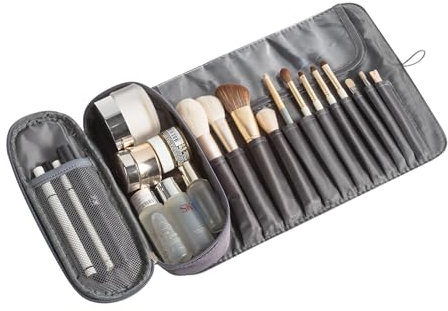 ONEGenug Make-up Pinsel Tasche Kosmetiktasche mit 12 Bürstenhalter Reise Schminktasche Kulturbeutel Makeup Bag Grau
