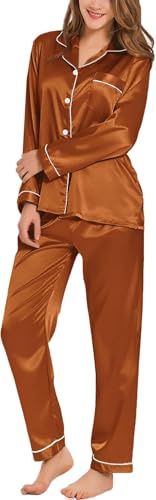 SWOMOG Women's Pyjama Set Silk Satin Long Sleeve Button Down Pyjamas Two Piece Comfy Sleepwear and Loungewear Set Deep Orange