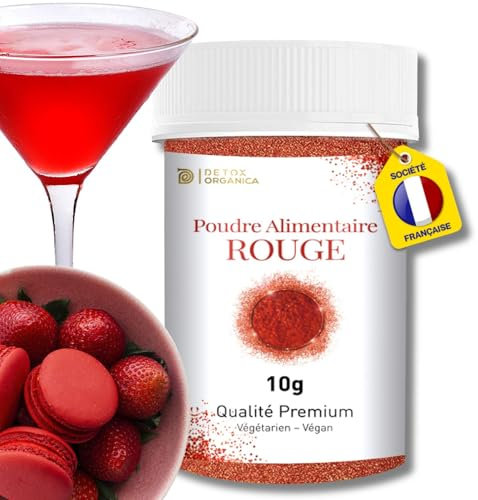 Detox Organica Poudre Alimentaire Rouge 10G - Colorant 100% ALIMENTAIRE - Paillettes Comestibles - Décoration Gâteaux, Chocolat, Macarons, Cocktails, Boissons... Déversez votre créativité !